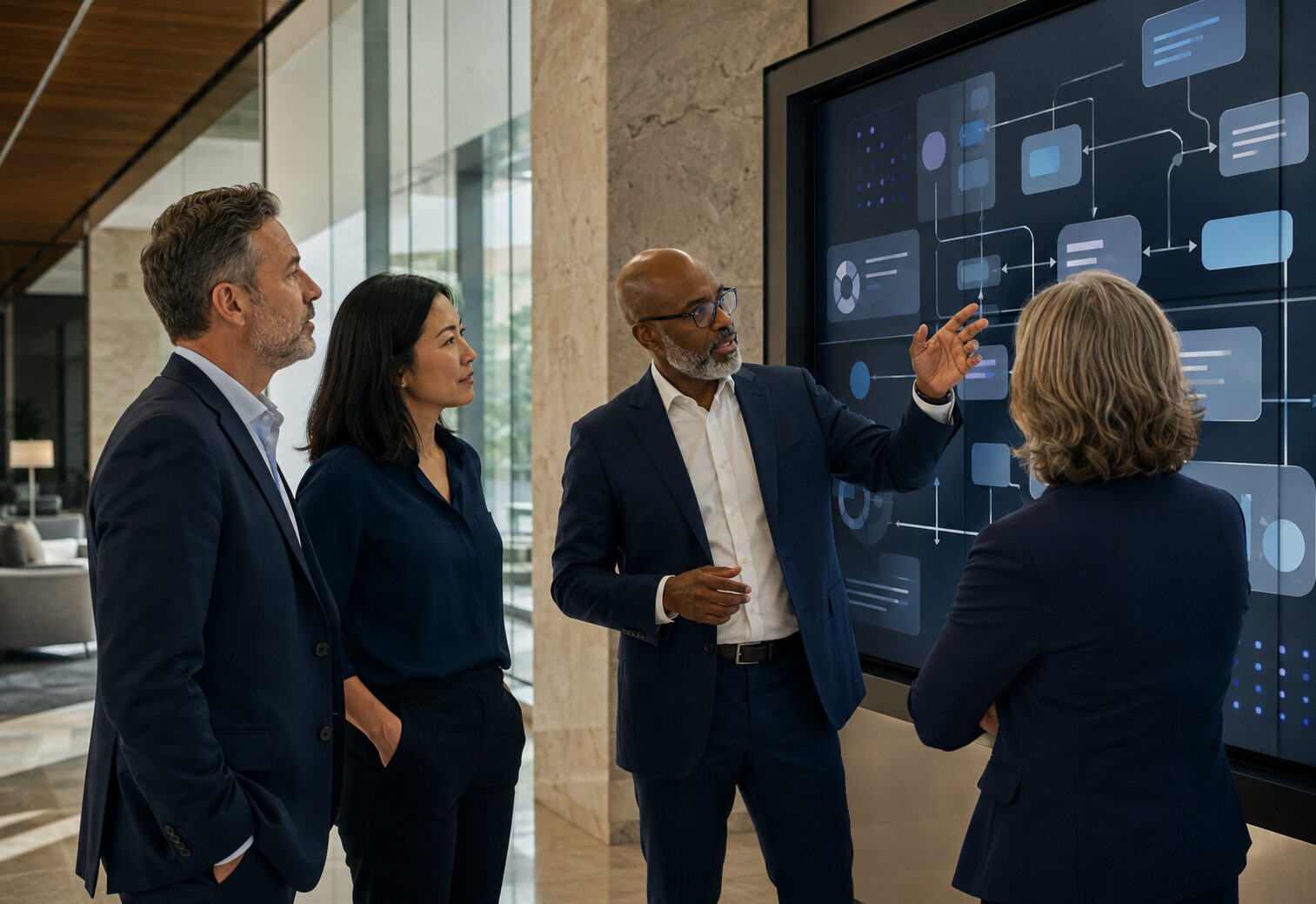 Business leaders reviewing a connected operational workflow